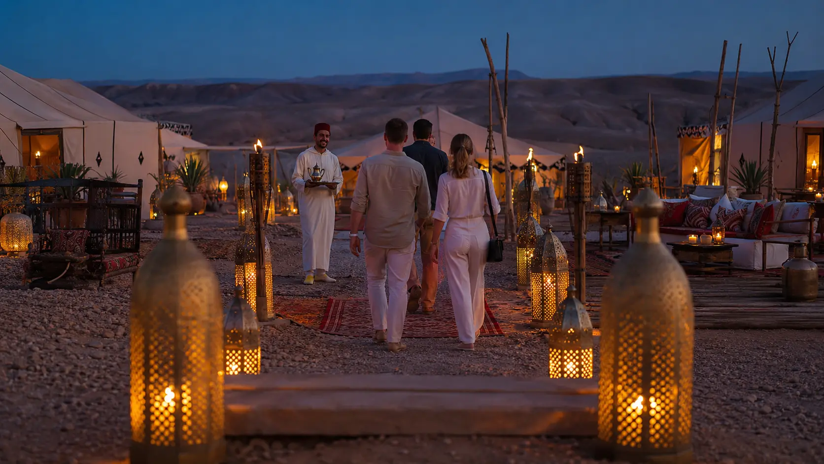Agafay Desert camp with lanterns and Moroccan decor near Marrakech