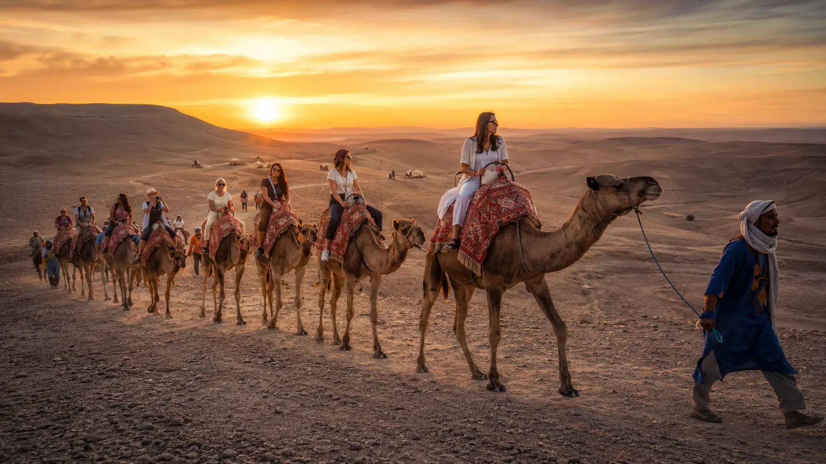 Camel ride in Agafay Desert at sunset near Marrakech